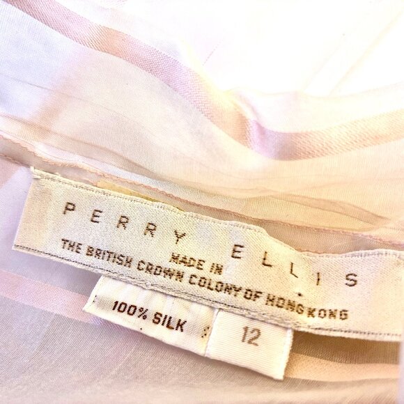 Perry Ellis SHEER SILK Blouse Pink Stripes Button Front Top Vtg 80's Womens 12 - Picture 9 of 11